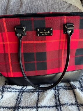 kate spade Red and Black Plaid Tote with Black Trim (Xtra Large)